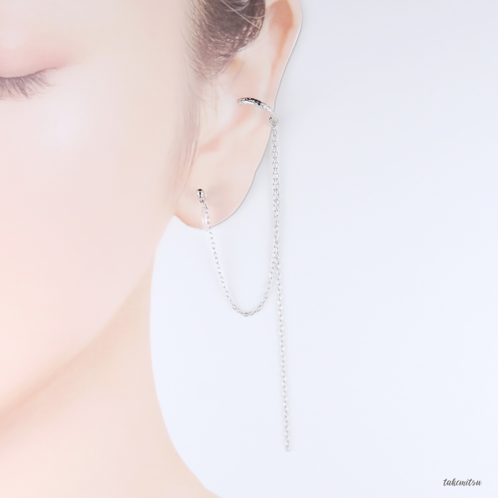 イヤーカフ/チェーンイヤリング アシンメトリーセット(シルバー)