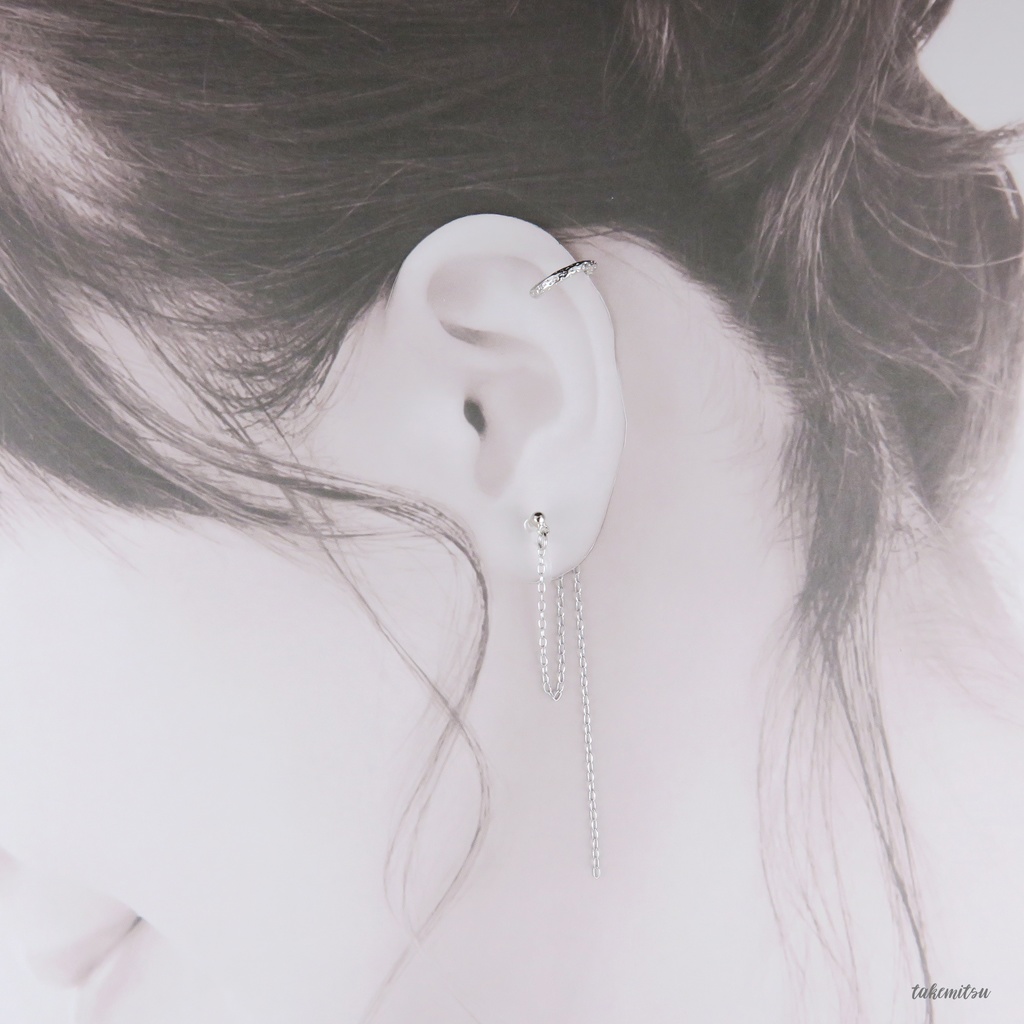 イヤーカフ/チェーンイヤリング アシンメトリーセット(シルバー)