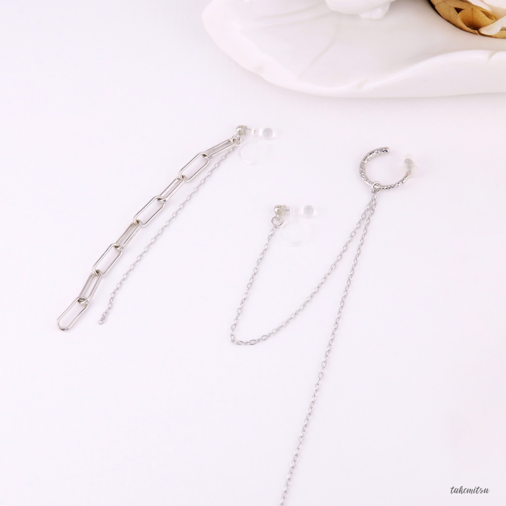 イヤーカフ/チェーンイヤリング アシンメトリーセット(シルバー)