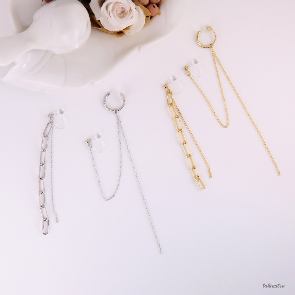 イヤーカフ/チェーンイヤリング アシンメトリーセット(シルバー)