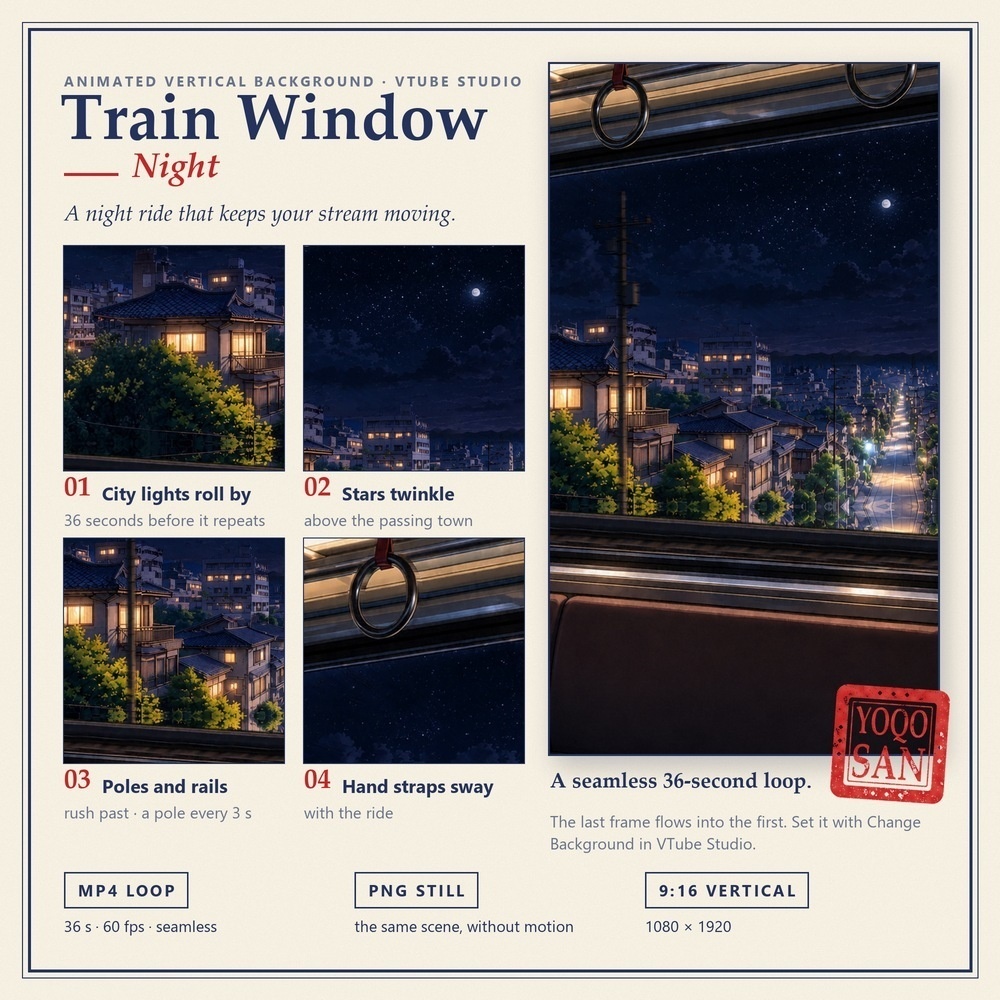 【動く縦型配信背景】電車の窓から流れる街|夕方・夜|36秒ループ MP4+PNG|Train Window – Animated Vertical Background for VTube Studio