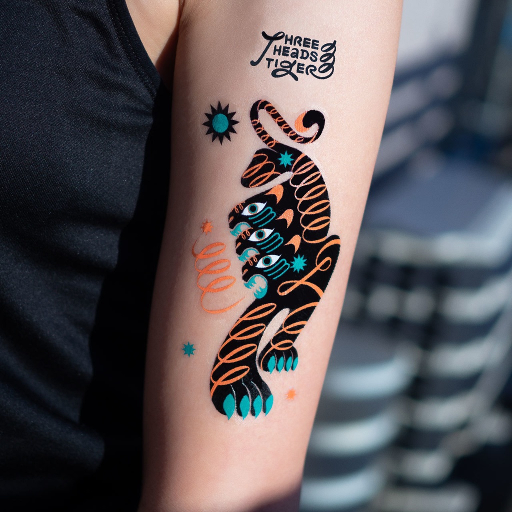 三頭虎タトゥーシール Three Heads Tiger tattoo sticker