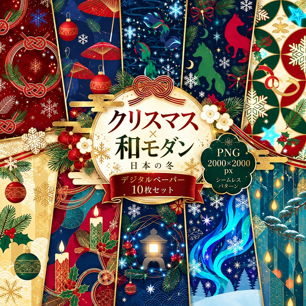【デジタルペーパー】クリスマス×和モダン 日本の冬 シームレスパターン10枚セット｜PNG・2000×2000px