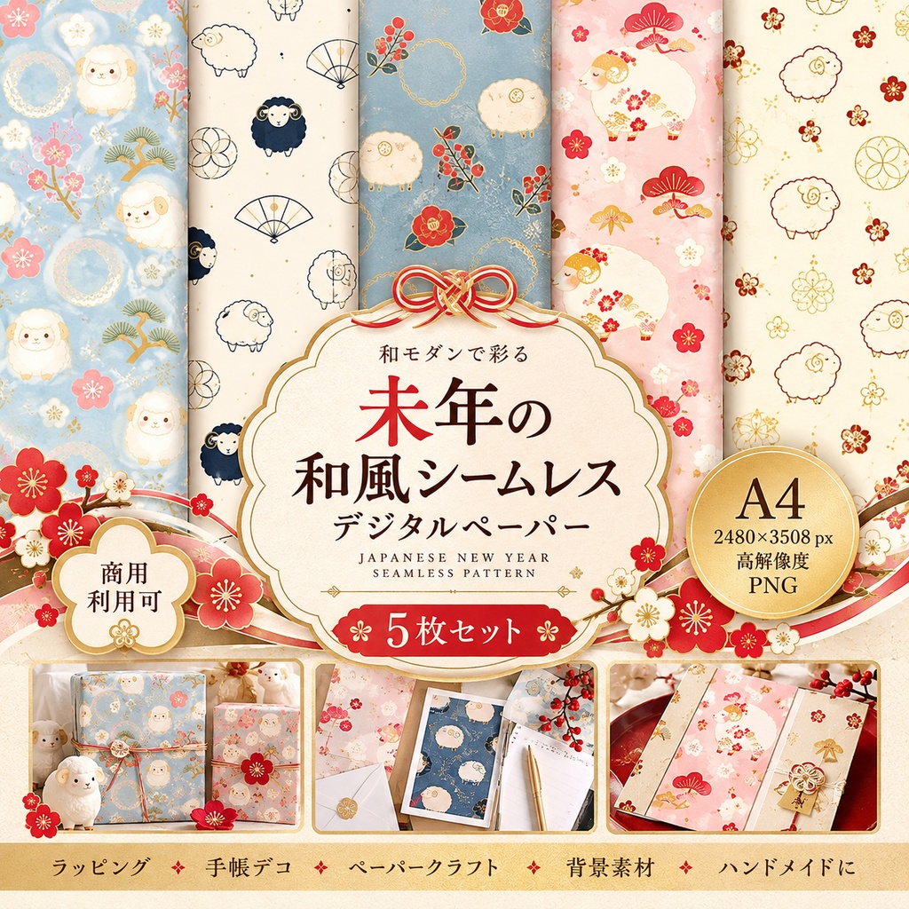 【デジタルペーパー】未年の和風シームレスパターン5枚セット｜A4・高解像度PNG・商用利用可