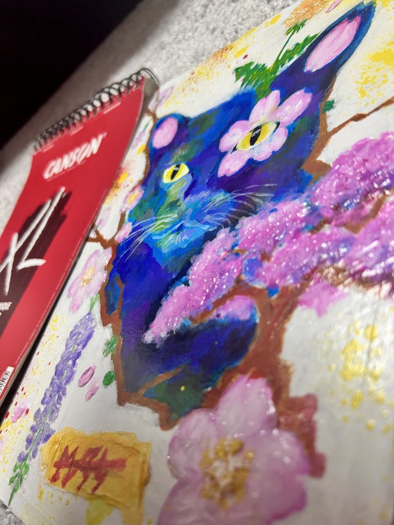 黒猫と桜 原画 A4 額なし