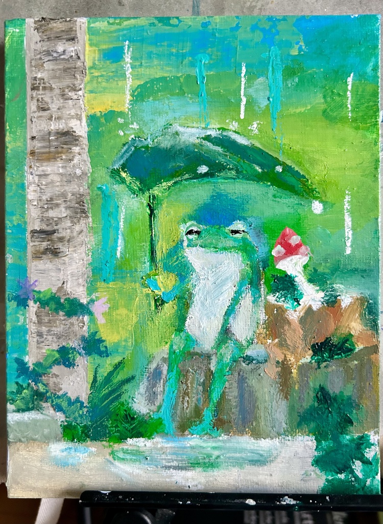 雨やどりする蛙 ミニキャンバス