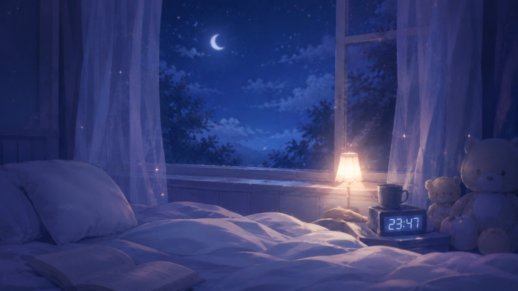 🌙 月明かりの寝室｜癒し系おやすみ背景イラスト｜無料配布 Free Download