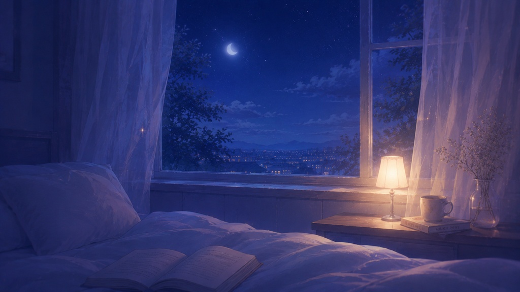 🌙 月明かりの寝室|癒し系おやすみ背景イラスト|無料配布 Free Download