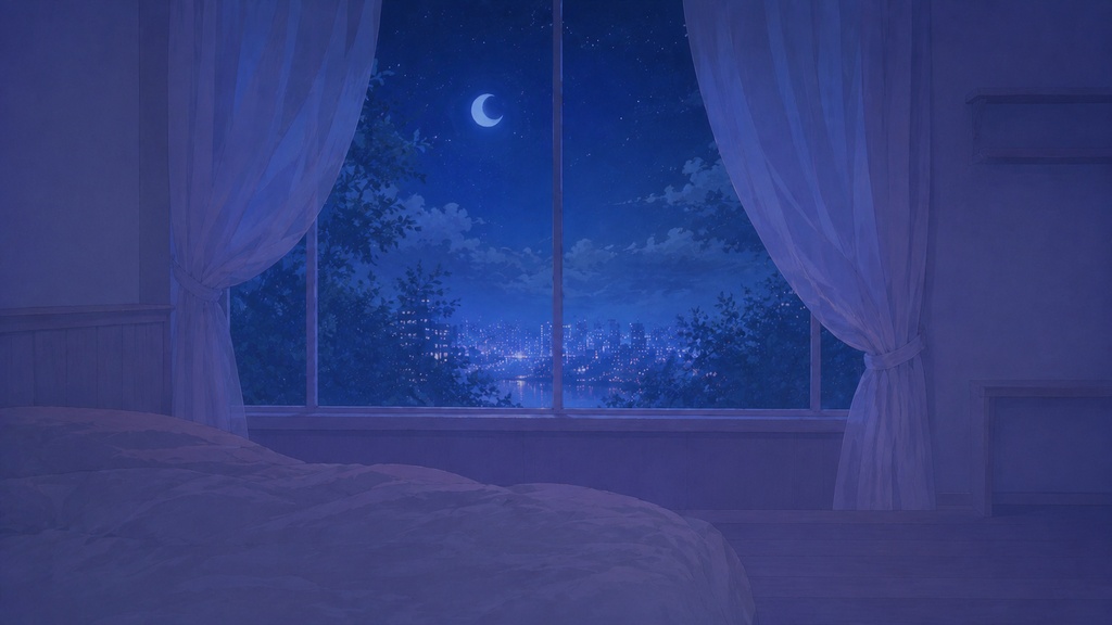 🌙 月明かりの寝室|癒し系おやすみ背景イラスト|無料配布 Free Download