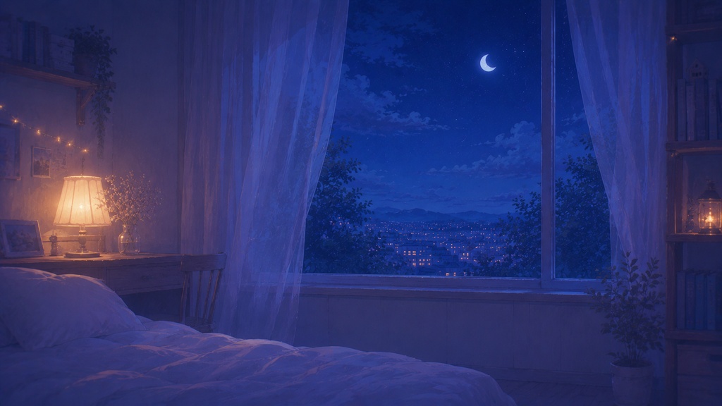 🌙 月明かりの寝室|癒し系おやすみ背景イラスト|無料配布 Free Download