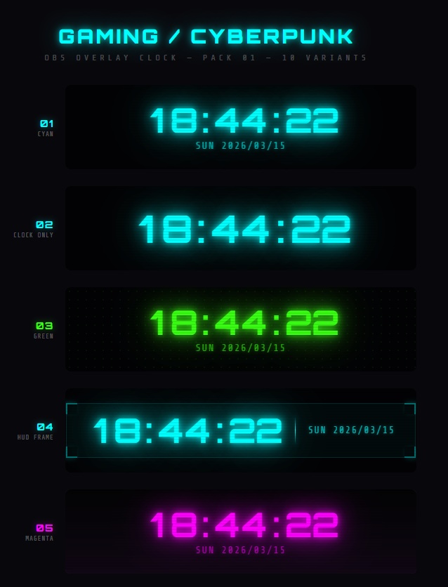 【OBS配信用】サイバーパンク時計オーバーレイ10種／ゲーミング／近未来デザイン／ブラウザソース対応