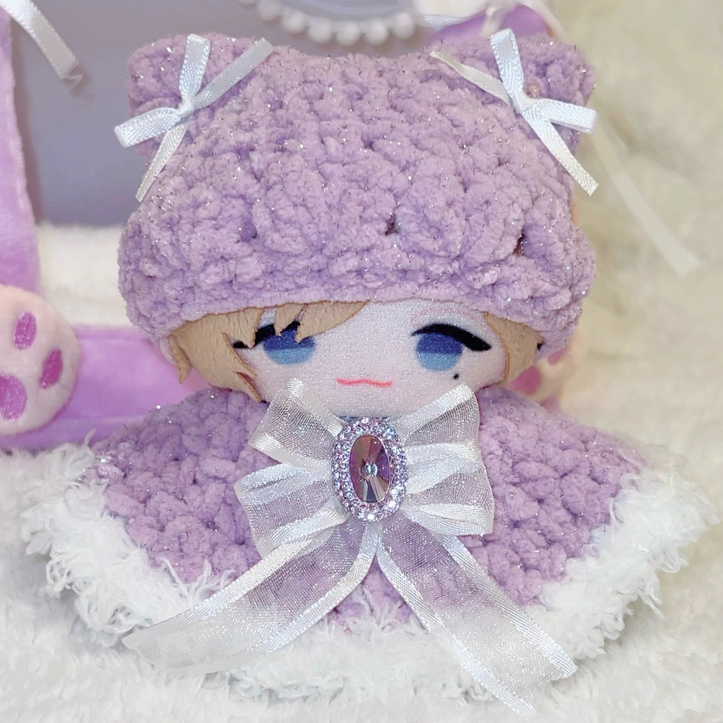 【ハート柄猫耳ニット帽&ポンチョセット】ぬい服 10cm にじぱぺっと ファー リボン Crochet