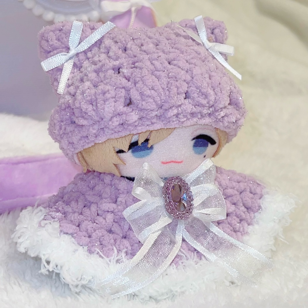 【ハート柄猫耳ニット帽&ポンチョセット】ぬい服 10cm にじぱぺっと ファー リボン Crochet