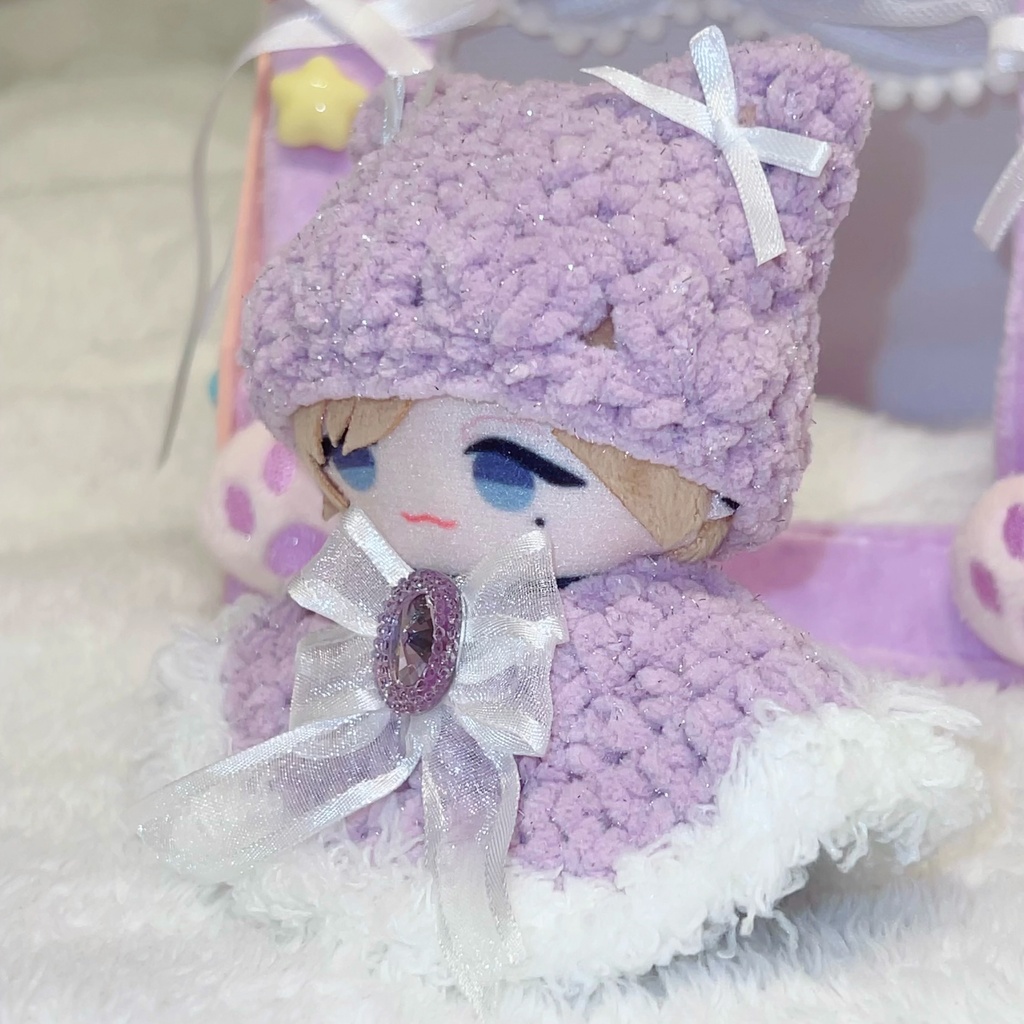 【ハート柄猫耳ニット帽&ポンチョセット】ぬい服 10cm にじぱぺっと ファー リボン Crochet