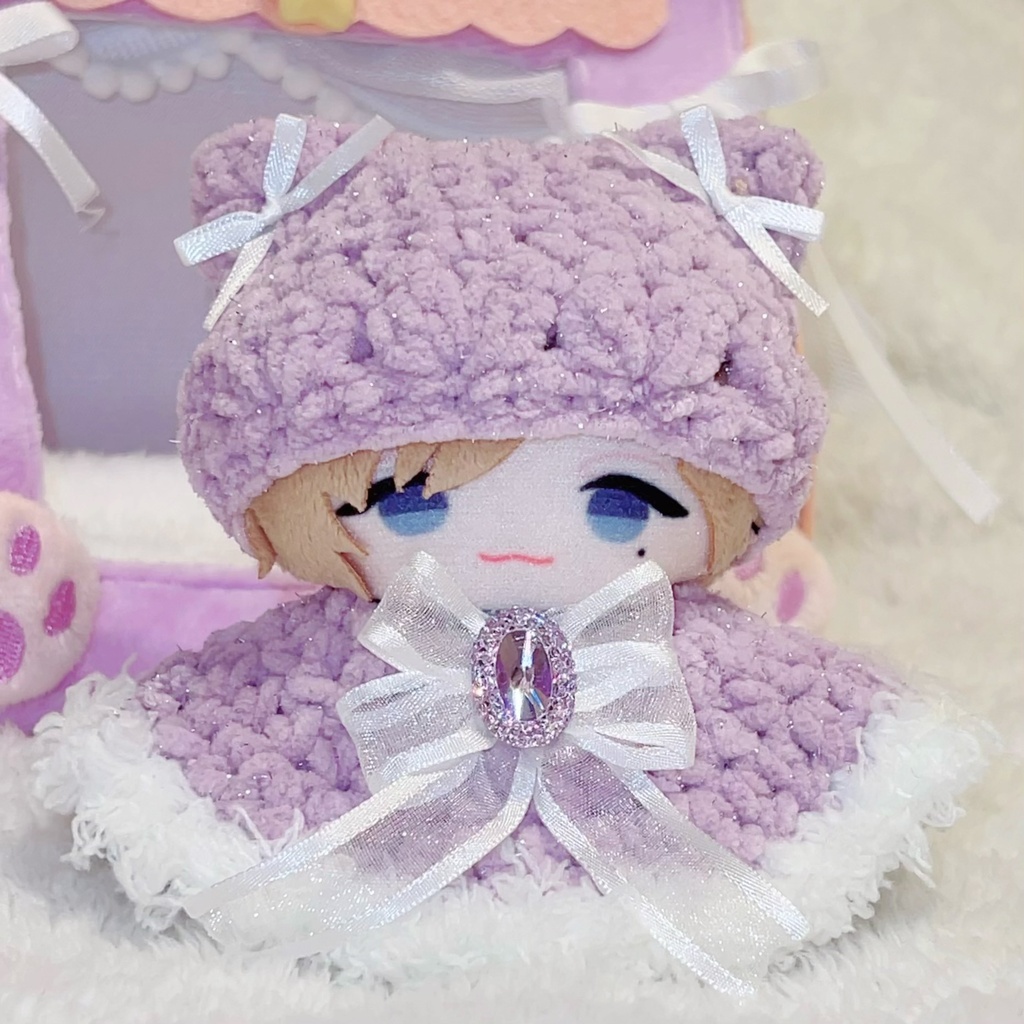 【ハート柄猫耳ニット帽&ポンチョセット】ぬい服 10cm にじぱぺっと ファー リボン Crochet