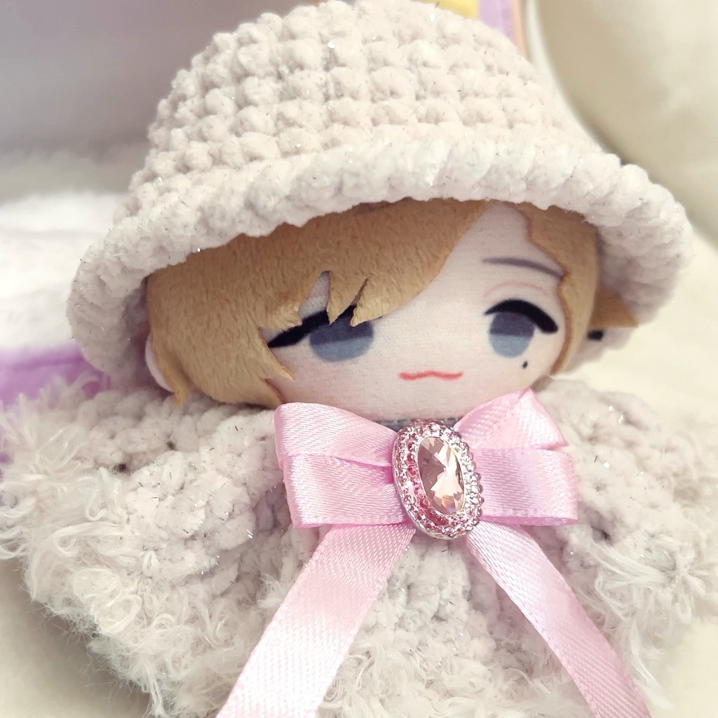 【バケハ♡ポンチョセット】ぬい服 10cm リボン ファー にじぱぺ Crochet ビジュー ピンク 白