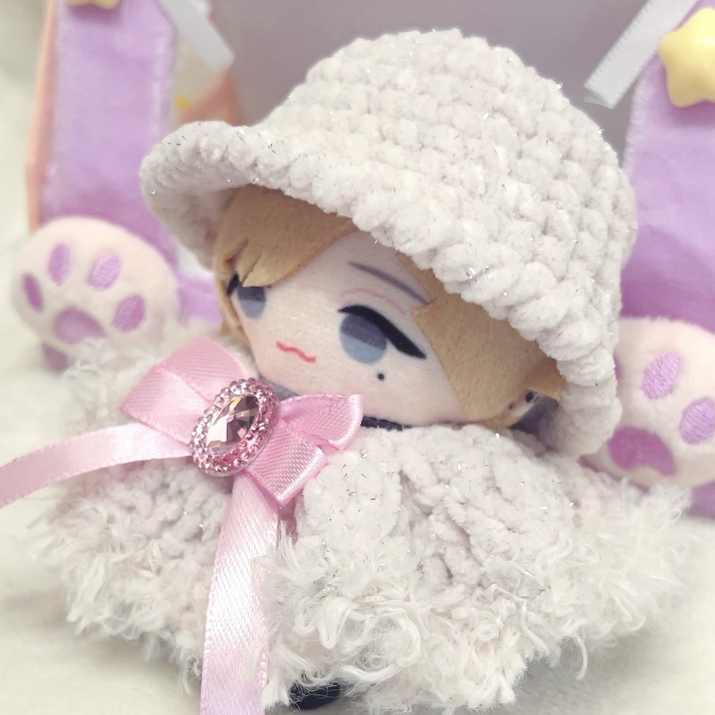 【バケハ♡ポンチョセット】ぬい服 10cm リボン ファー にじぱぺ Crochet ビジュー ピンク 白