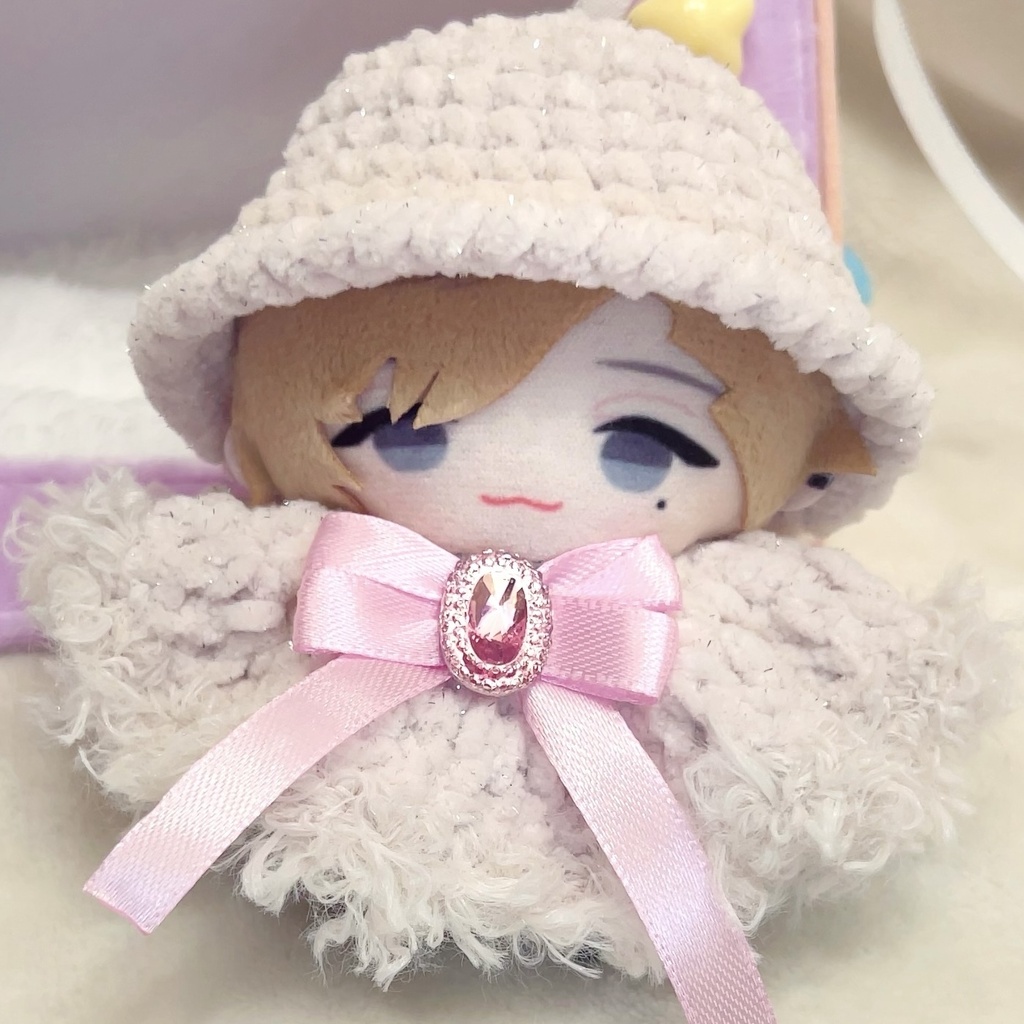 【バケハ♡ポンチョセット】ぬい服 10cm リボン ファー にじぱぺ Crochet ビジュー ピンク 白