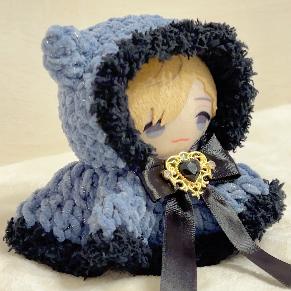 【猫耳ゴシックポンチョ】にじぱぺっと 10cm ぬい服 ファー リボン ビジュー 黒猫 Crochet