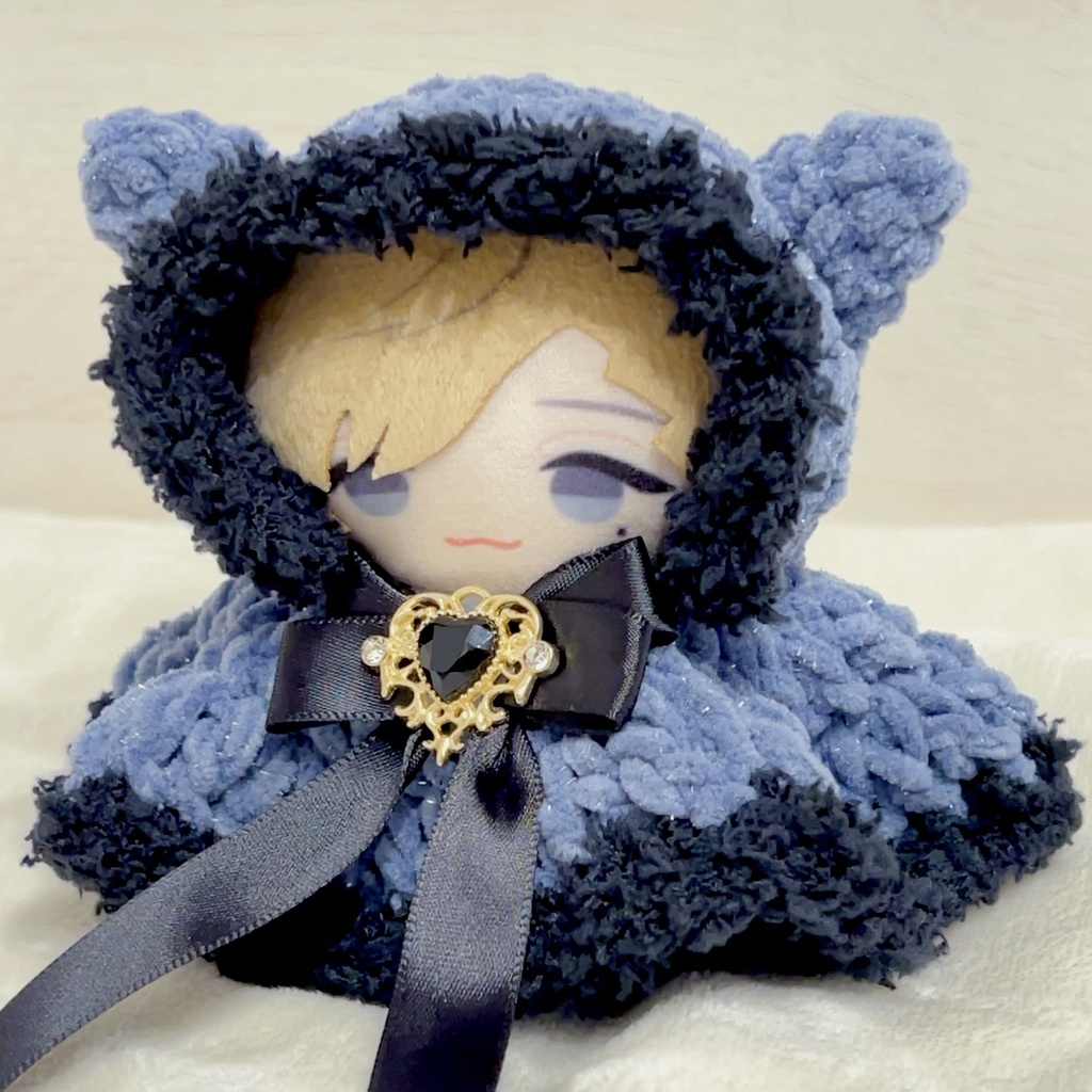【猫耳ゴシックポンチョ】にじぱぺっと 10cm ぬい服 ファー リボン ビジュー 黒猫 Crochet