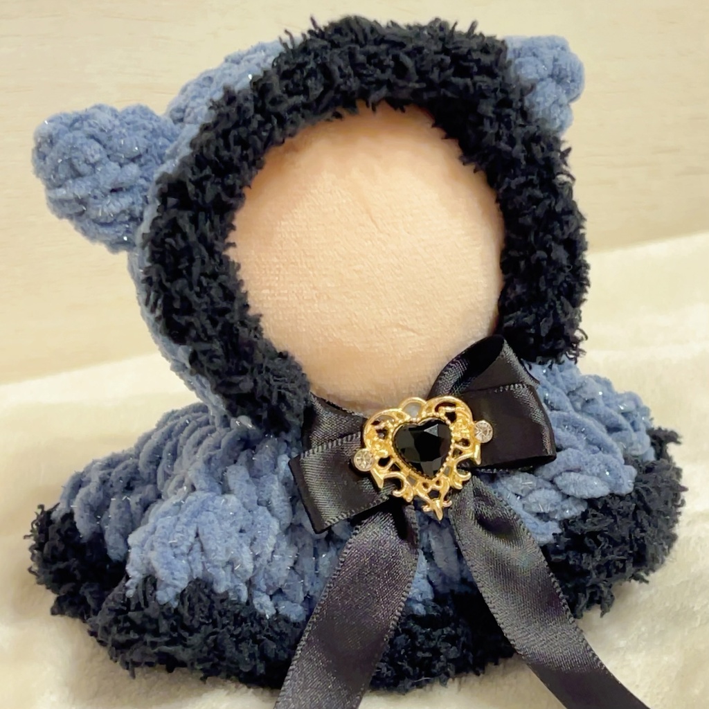 【猫耳ゴシックポンチョ】にじぱぺっと 10cm ぬい服 ファー リボン ビジュー 黒猫 Crochet