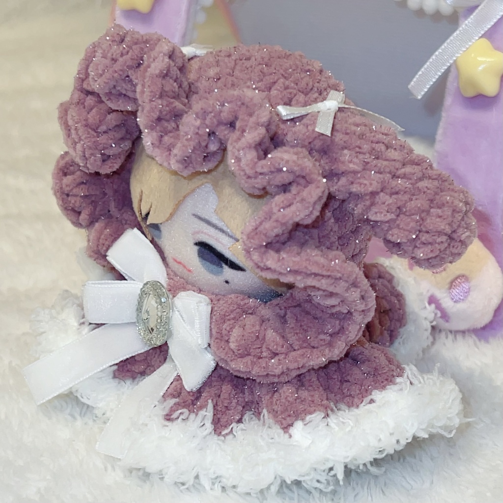 【垂れ耳うさぎ🐰フリルポンチョ】ぬい服 10cm にじぱぺっと Crochet ファー ビジュー リボン フード ピンク 白 うさ耳