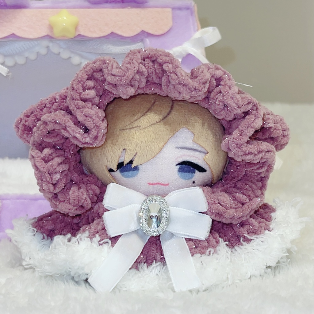 【垂れ耳うさぎ🐰フリルポンチョ】ぬい服 10cm にじぱぺっと Crochet ファー ビジュー リボン フード ピンク 白 うさ耳