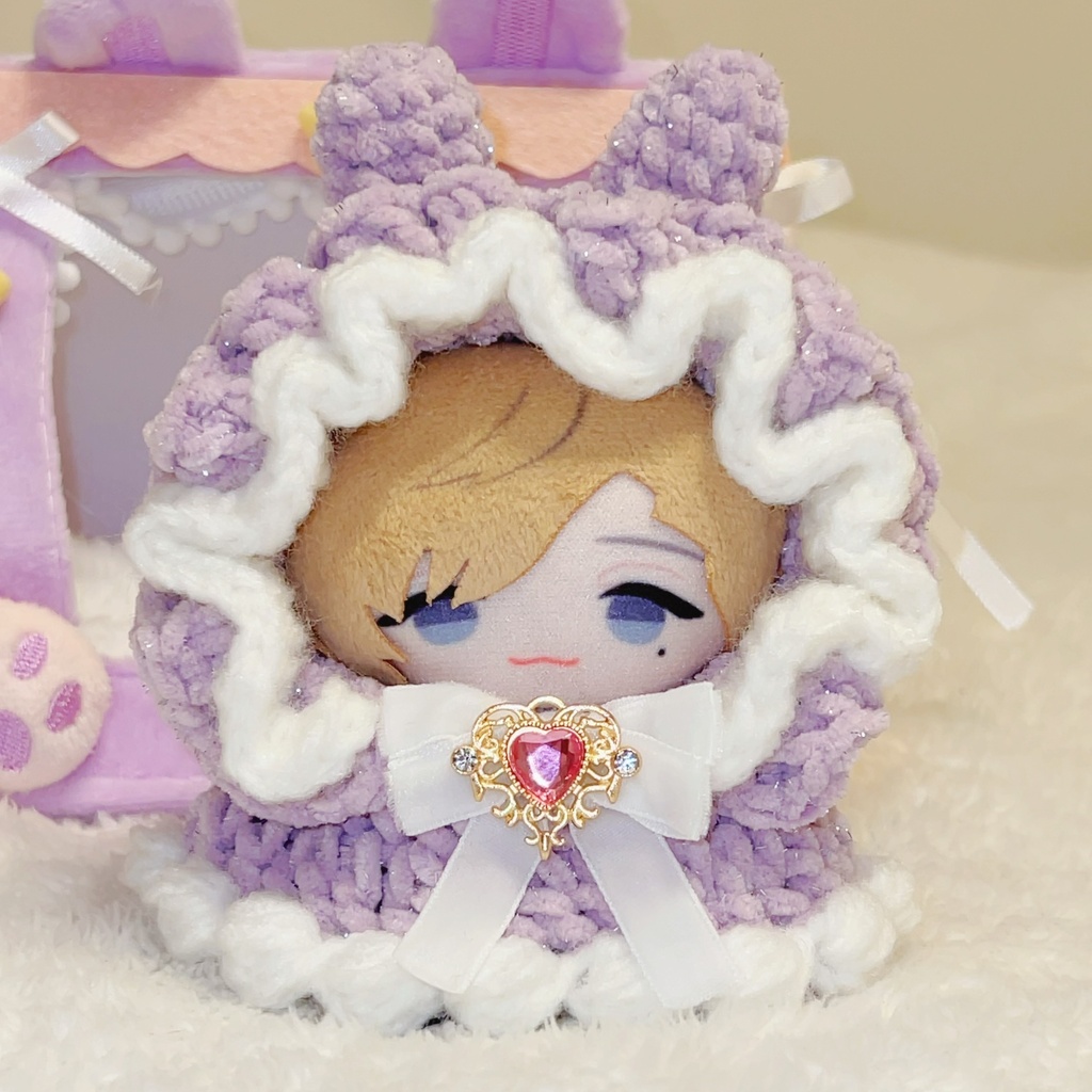 【うさ耳🐰フリルフードポンチョ】ぬい服 10cm にじぱぺっと Crochet リボン ビジュー うさぎ ピンク 白