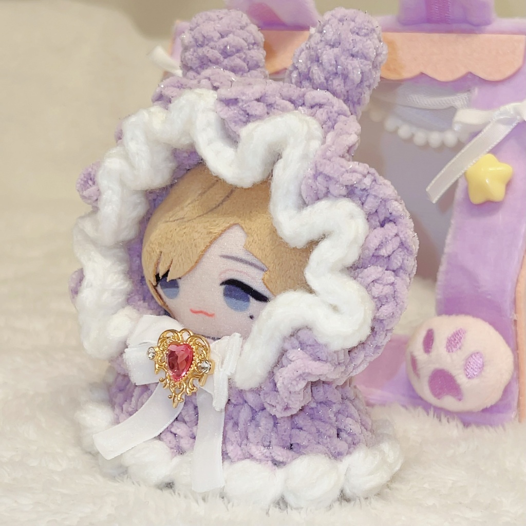 【うさ耳🐰フリルフードポンチョ】ぬい服 10cm にじぱぺっと Crochet リボン ビジュー うさぎ ピンク 白