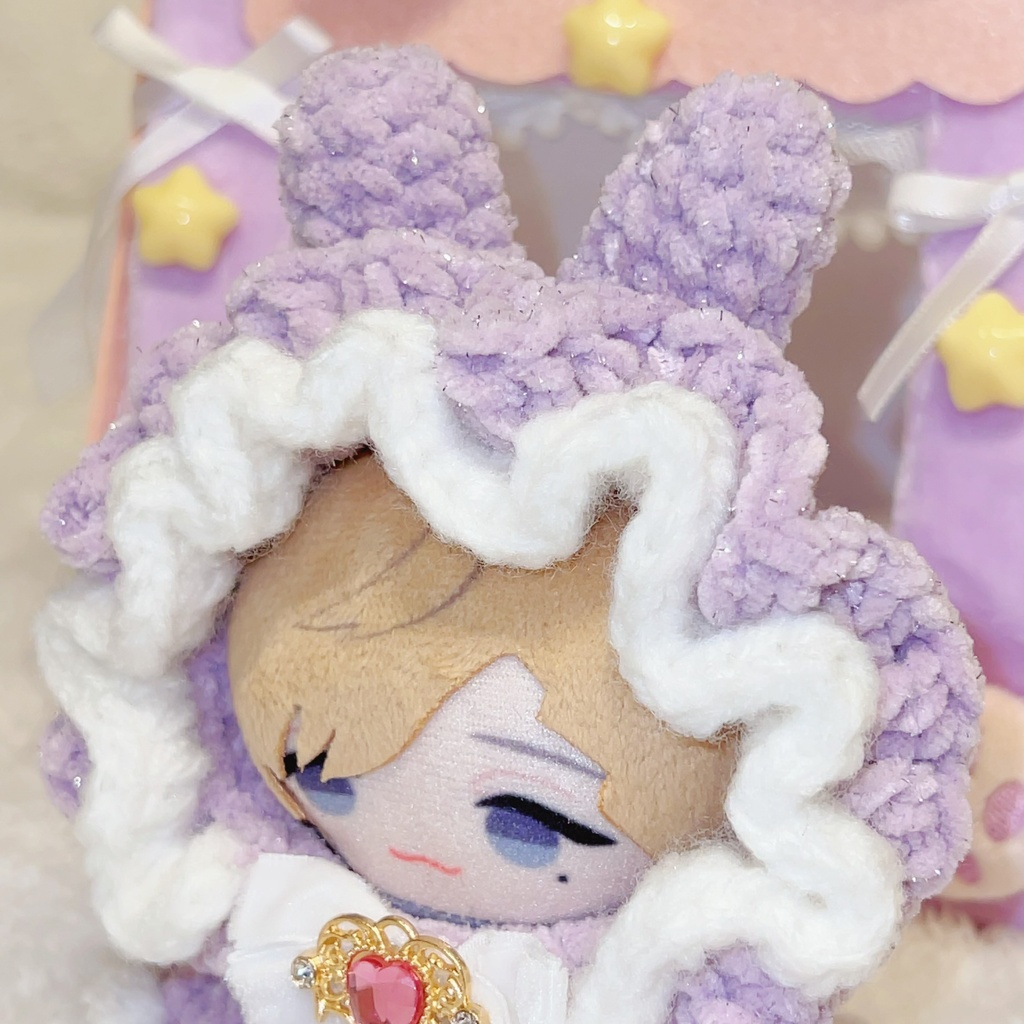 【うさ耳🐰フリルフードポンチョ】ぬい服 10cm にじぱぺっと Crochet リボン ビジュー うさぎ ピンク 白