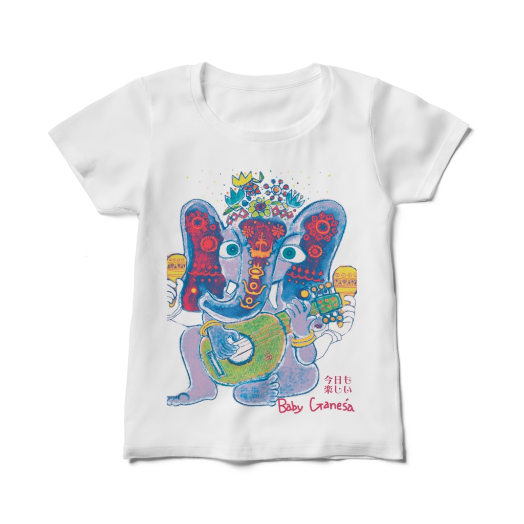レディースTシャツ ミラクル ガネーシャ ブルー 今日も楽しい (गणेश, gaṇeśa, Ganesha)