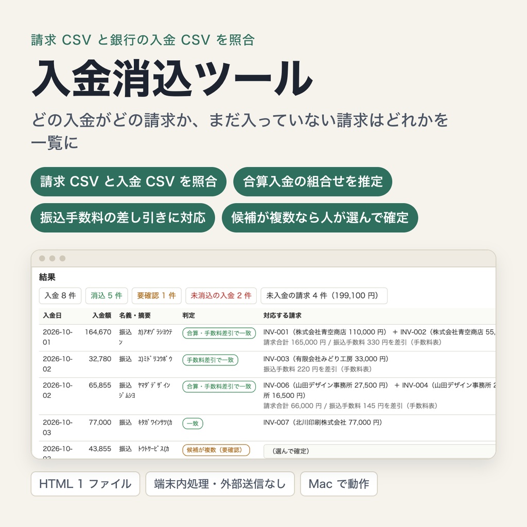入金消込ツール｜請求CSVと銀行の入金CSVを照合・合算入金の組合せ推定・振込手数料の差し引き（Mac・ブラウザで動作・端末内処理）