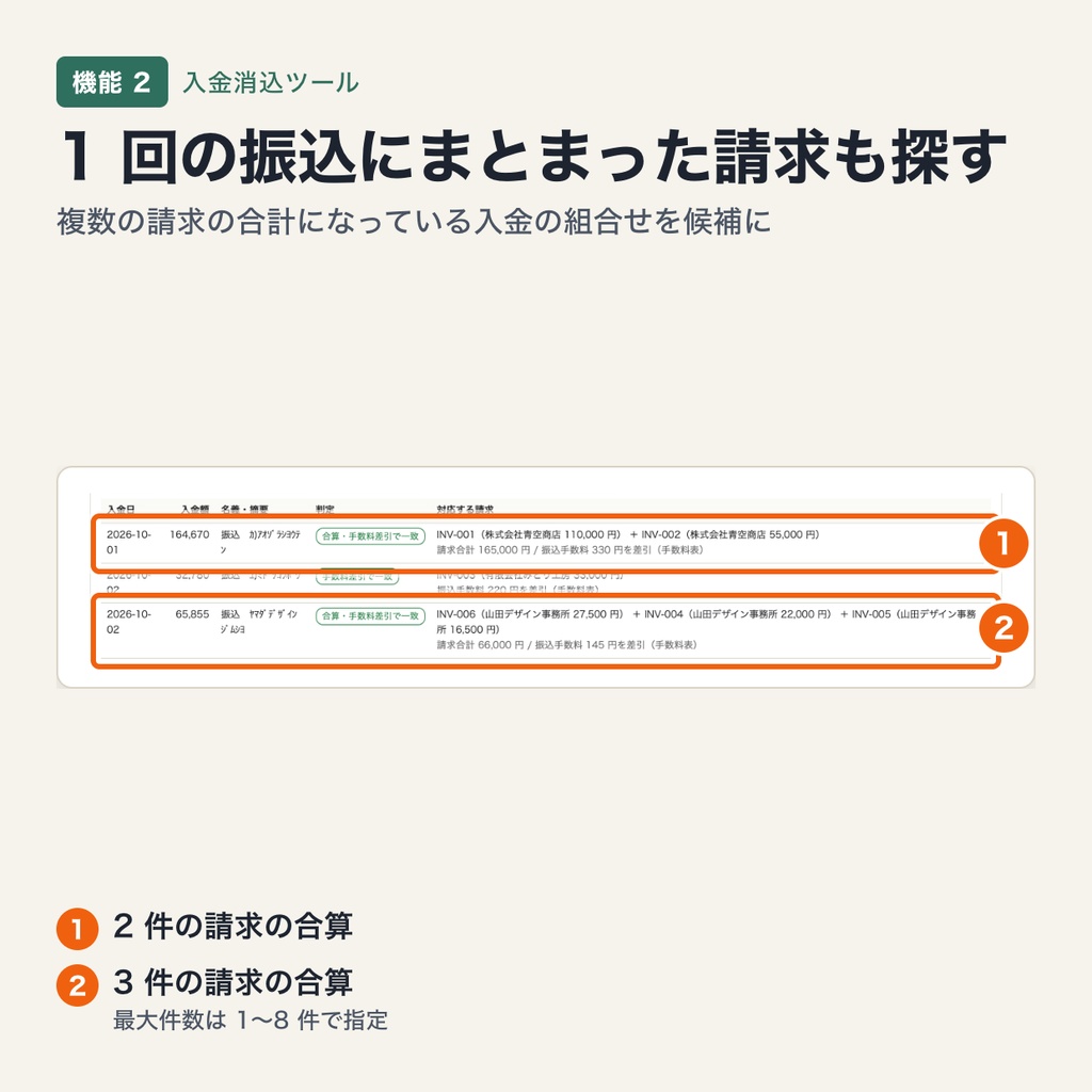 入金消込ツール|請求CSVと銀行の入金CSVを照合・合算入金の組合せ推定・振込手数料の差し引き(Mac・ブラウザで動作・端末内処理)