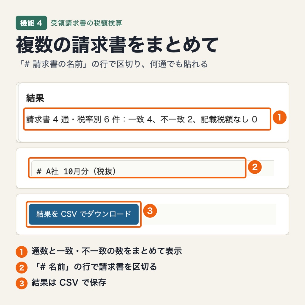受領請求書の税額検算ツール|明細から消費税を再計算・端数処理 3 方式(切捨て・切上げ・四捨五入)で照合(ブラウザで動作・端末内処理)