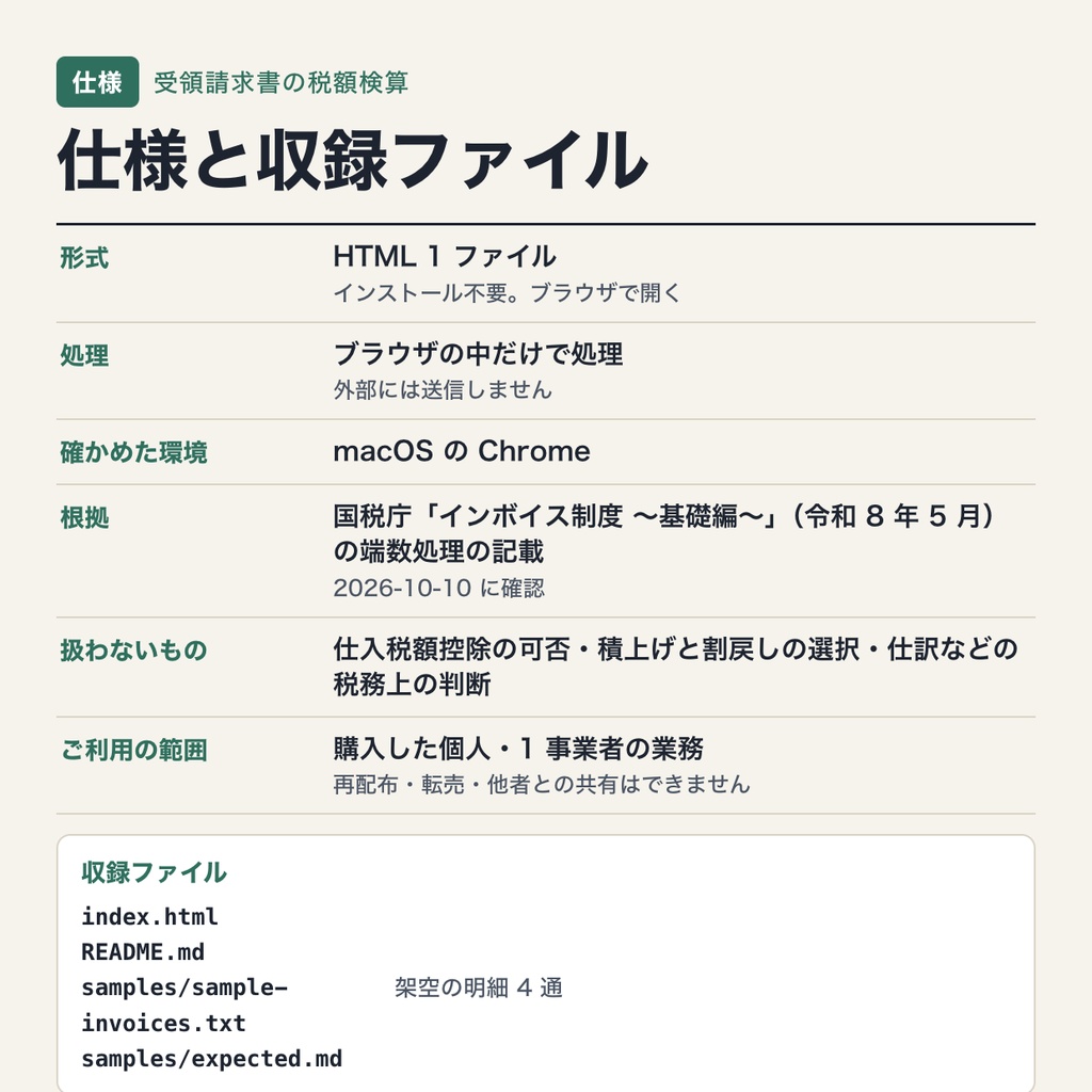 受領請求書の税額検算ツール|明細から消費税を再計算・端数処理 3 方式(切捨て・切上げ・四捨五入)で照合(ブラウザで動作・端末内処理)