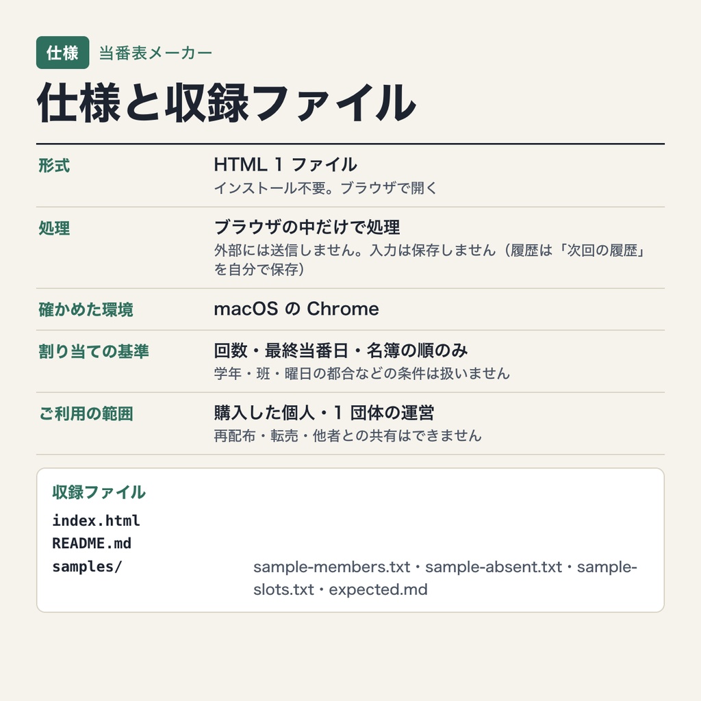 当番表メーカー|欠席の人を補正して入れ替え・回数と最終当番日の履歴を引き継いで公平に割り当て(ブラウザで動作・端末内処理)