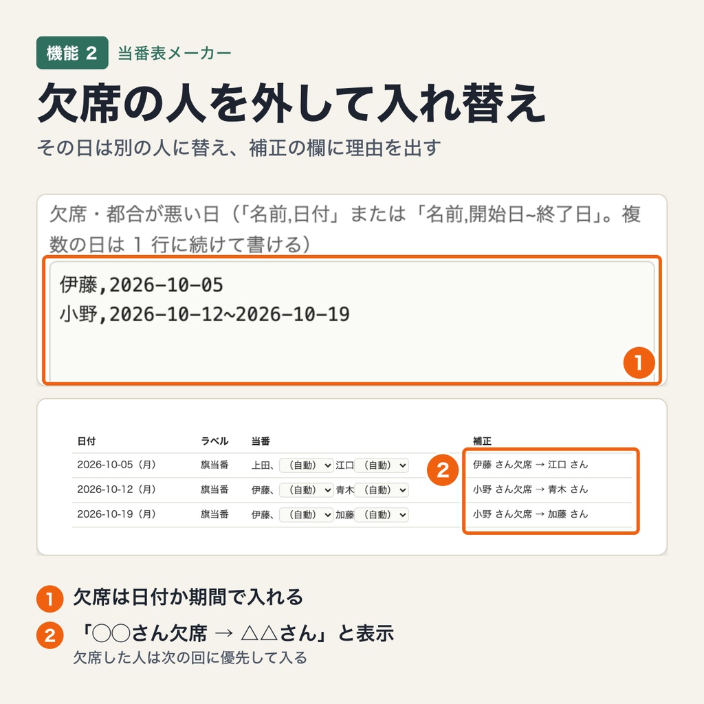 当番表メーカー|欠席の人を補正して入れ替え・回数と最終当番日の履歴を引き継いで公平に割り当て(ブラウザで動作・端末内処理)