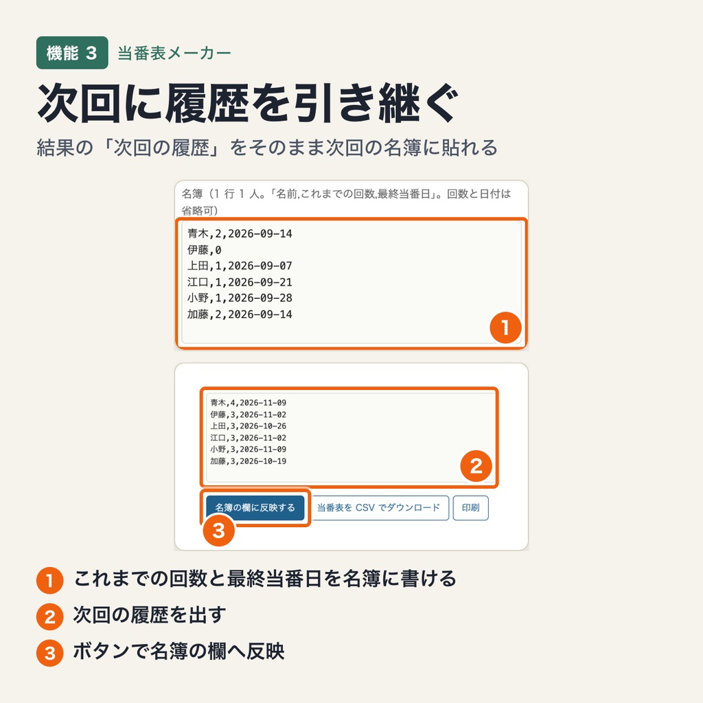 当番表メーカー|欠席の人を補正して入れ替え・回数と最終当番日の履歴を引き継いで公平に割り当て(ブラウザで動作・端末内処理)