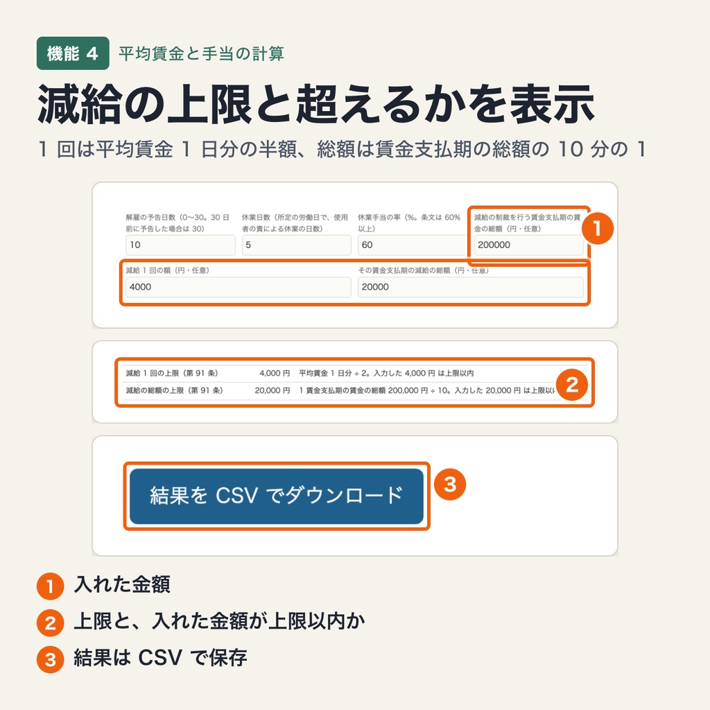 平均賃金・解雇予告手当・休業手当・減給上限の計算ツール|労働基準法 第 12・20・26・91 条の式で試算(ブラウザで動作・端末内処理)