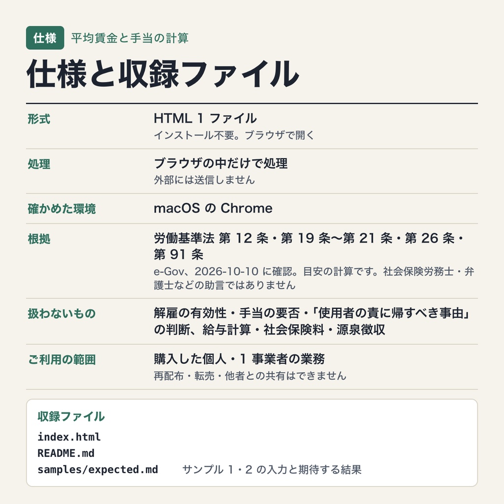 平均賃金・解雇予告手当・休業手当・減給上限の計算ツール|労働基準法 第 12・20・26・91 条の式で試算(ブラウザで動作・端末内処理)