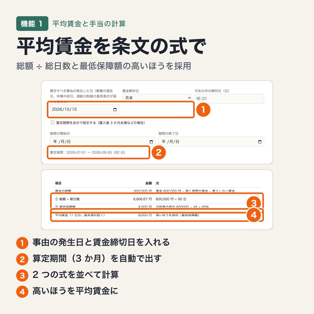 平均賃金・解雇予告手当・休業手当・減給上限の計算ツール|労働基準法 第 12・20・26・91 条の式で試算(ブラウザで動作・端末内処理)