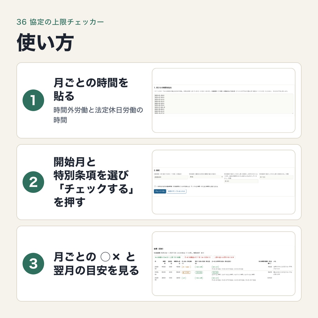 時間外労働の上限(36 協定)チェッカー|月 45 時間・年 360 時間・特別条項 720 時間・単月 100 時間未満・平均 80 時間を月ごとに確認(ブラウザで動作・端末内処理)
