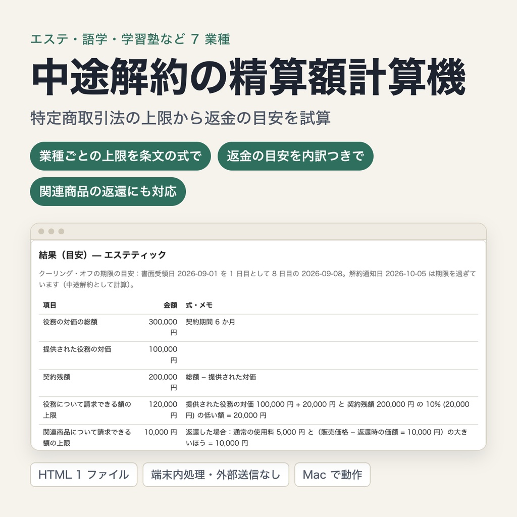 特定継続的役務の中途解約の精算額計算機|エステ・美容医療・語学・家庭教師・学習塾・パソコン教室・結婚相手紹介の損害賠償額の上限と返金額を試算(ブラウザで動作・端末内処理)