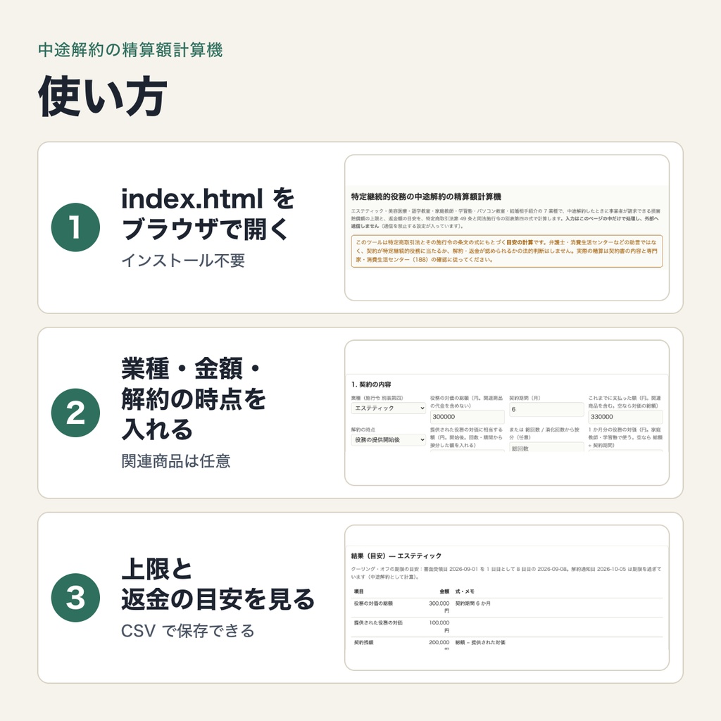 特定継続的役務の中途解約の精算額計算機|エステ・美容医療・語学・家庭教師・学習塾・パソコン教室・結婚相手紹介の損害賠償額の上限と返金額を試算(ブラウザで動作・端末内処理)