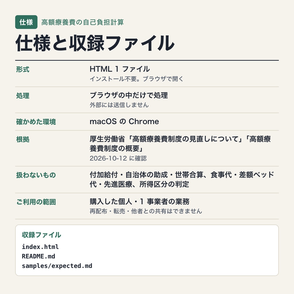 高額療養費の自己負担計算|令和 8 年 8 月の改定・年間上限・令和 9 年 8 月の区分細分化を同じ入力で比較(ブラウザで動作・端末内処理)