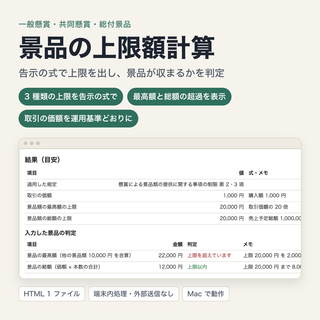 景品の上限額計算｜一般懸賞・共同懸賞・総付景品の最高額と総額を告示の式で計算し、提供する景品を判定（ブラウザで動作・端末内処理）