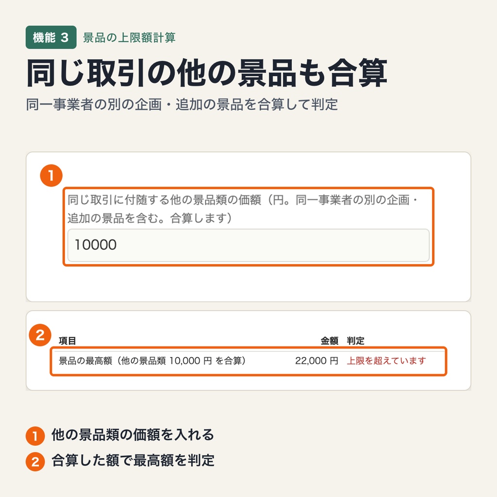 景品の上限額計算|一般懸賞・共同懸賞・総付景品の最高額と総額を告示の式で計算し、提供する景品を判定(ブラウザで動作・端末内処理)