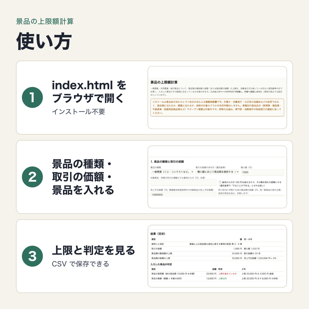 景品の上限額計算|一般懸賞・共同懸賞・総付景品の最高額と総額を告示の式で計算し、提供する景品を判定(ブラウザで動作・端末内処理)