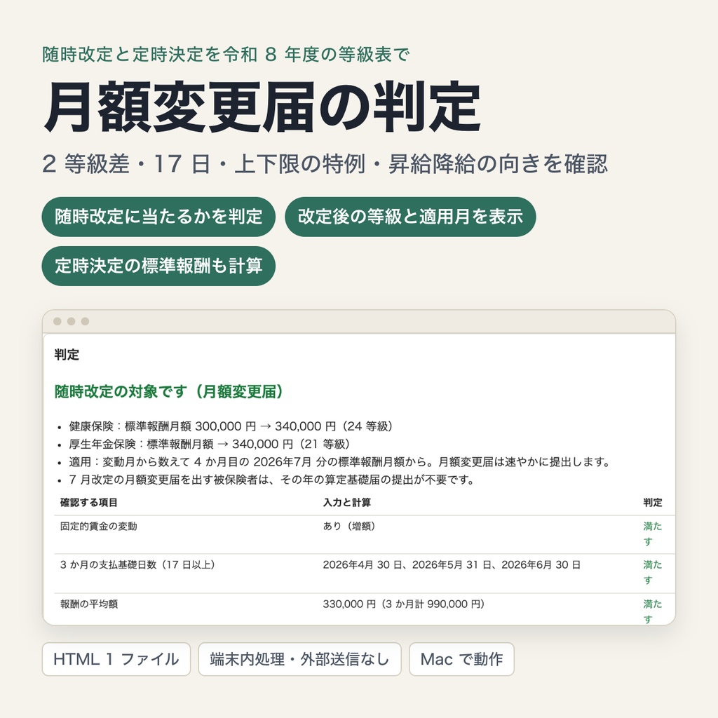 随時改定(月額変更届)と定時決定の判定|2 等級差・17 日・上下限の特例・昇給降給の向きを標準報酬月額表(令和 8 年度)で判定(ブラウザで動作・端末内処理)