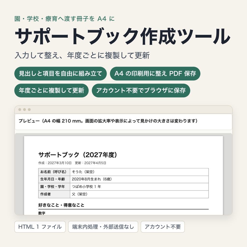 サポートブック作成ツール|入力して A4 の印刷用(PDF 保存可)に整える・年度ごとに複製して更新・アカウント不要(ブラウザで動作・端末内処理)